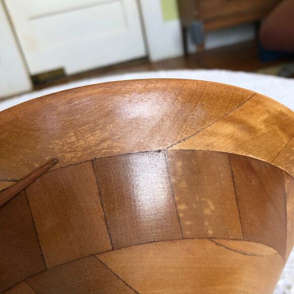 Vintage Segmented Wood Salad Bowls Set of 2 (10") Mid‑Century Modern Serving - Picture 7 of 11